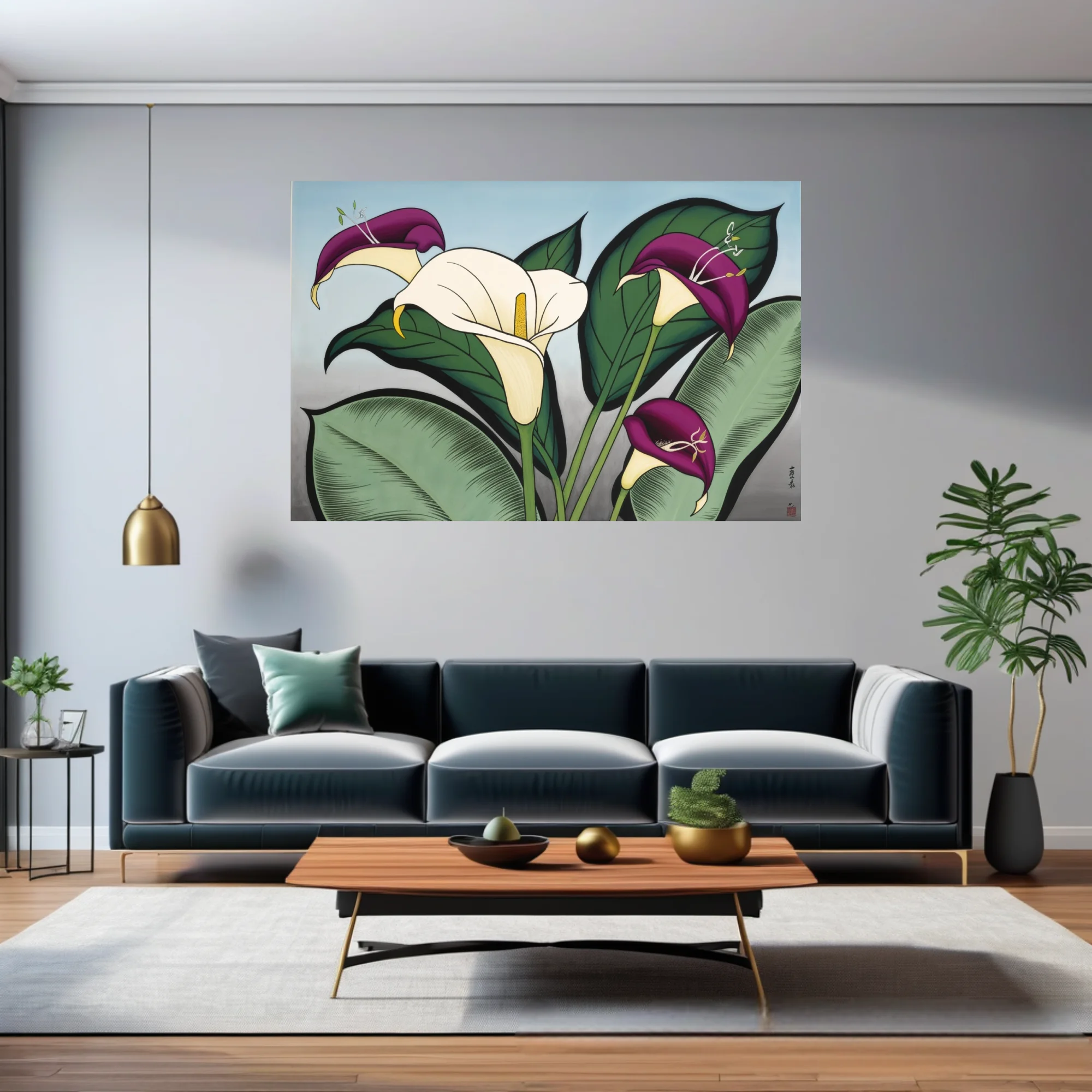 Japanese-style calla lily botanical illustration in purple and ivory with bold green foliage