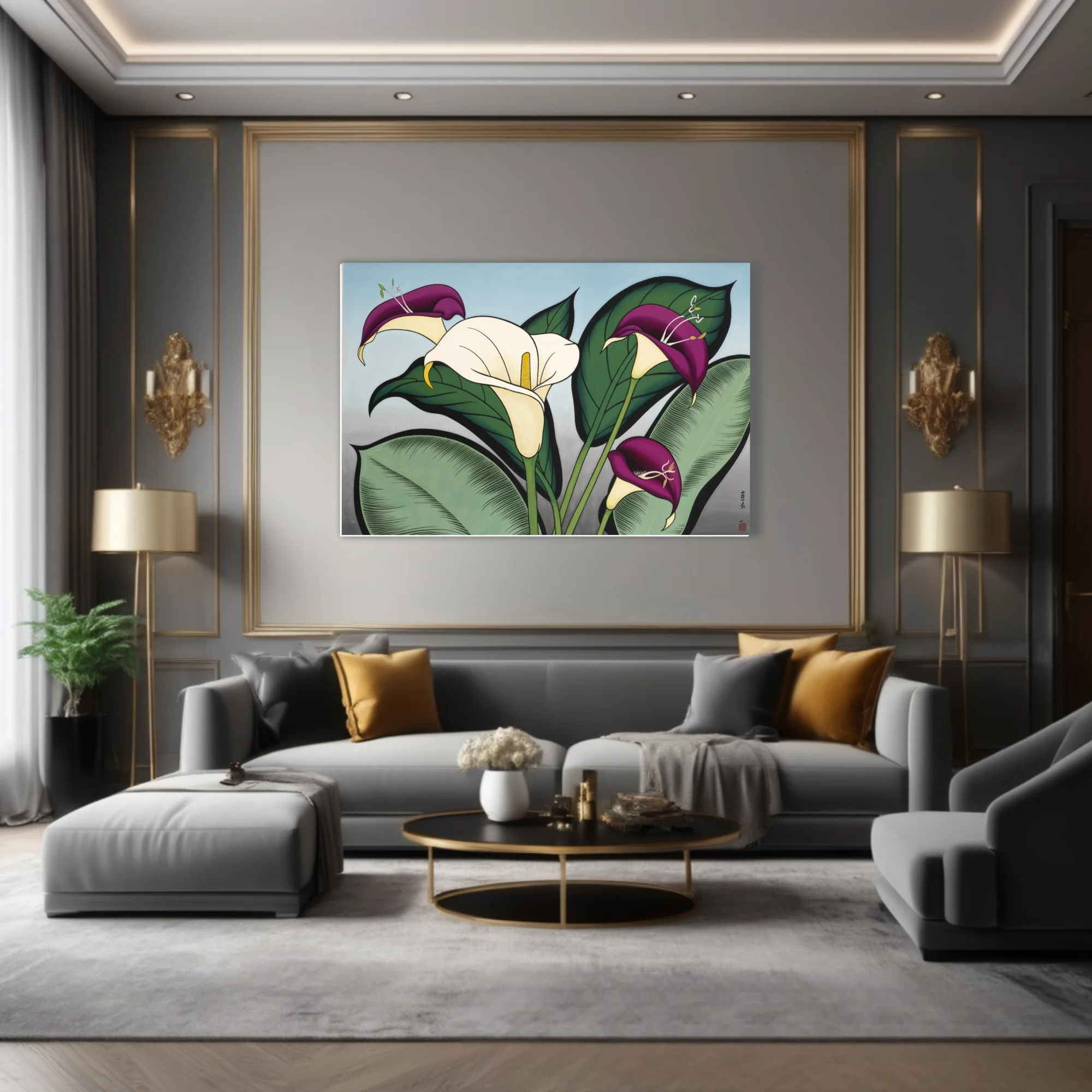 Japanese-style calla lily botanical illustration in purple and ivory with bold green foliage