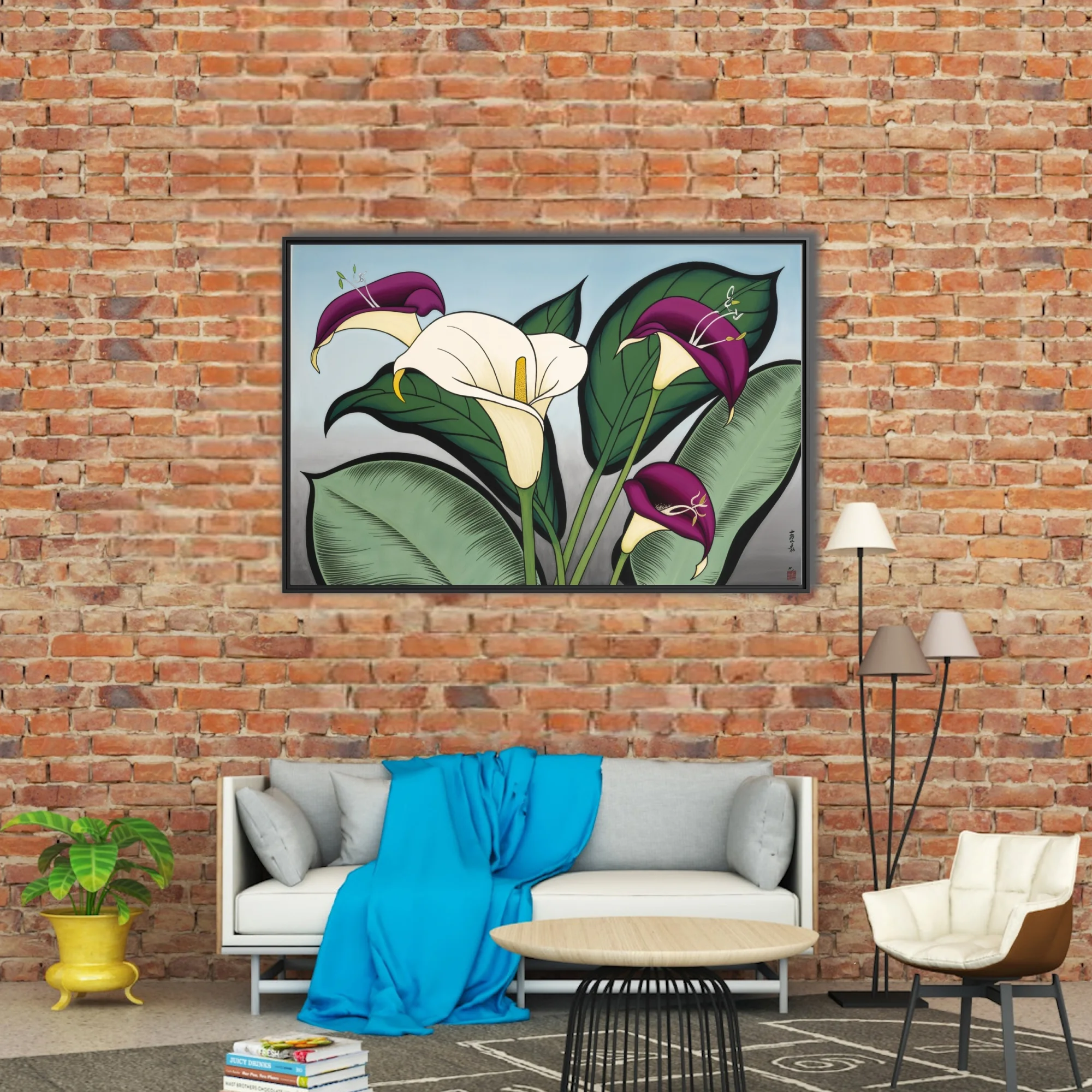 Japanese-style calla lily botanical illustration in purple and ivory with bold green foliage