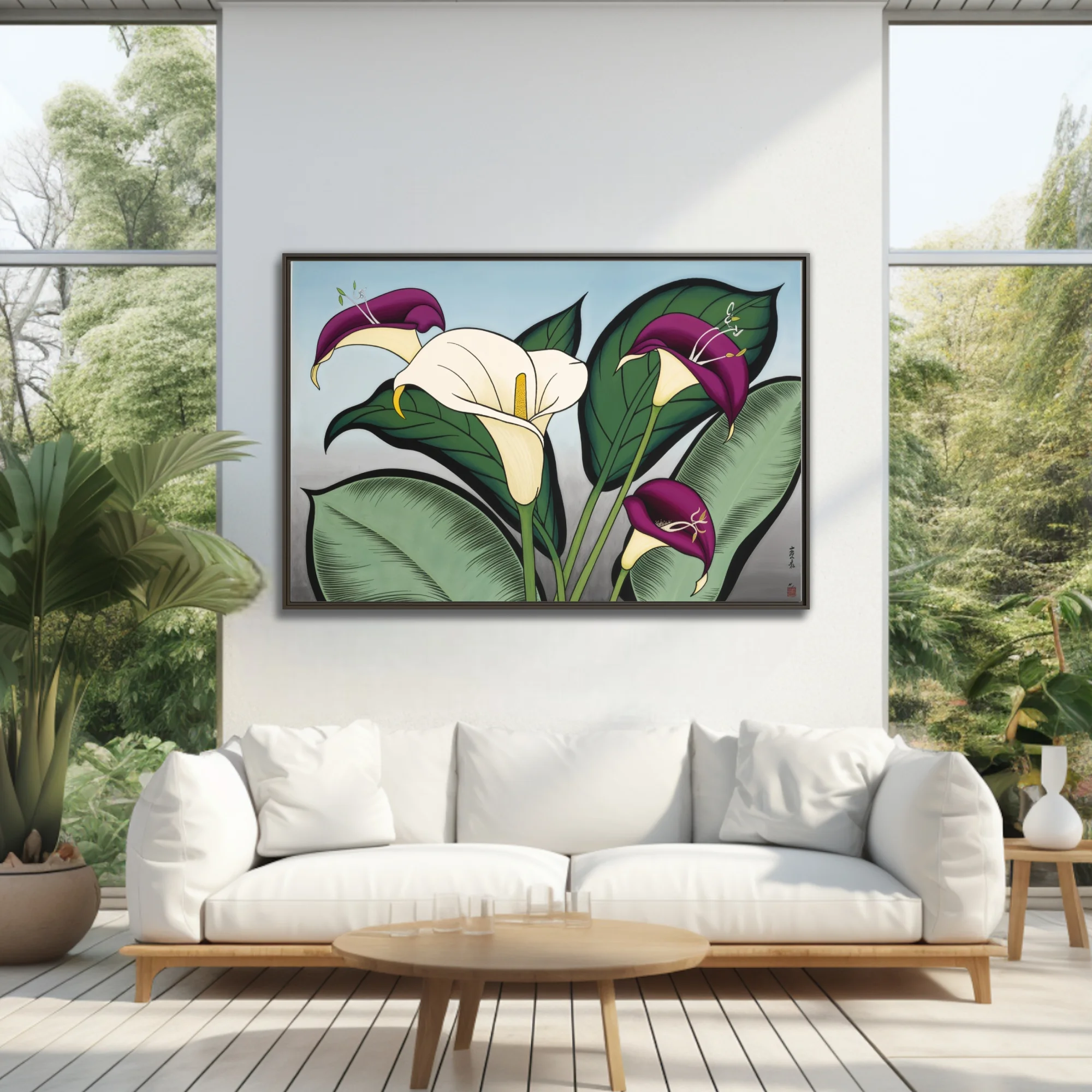Japanese-style calla lily botanical illustration in purple and ivory with bold green foliage