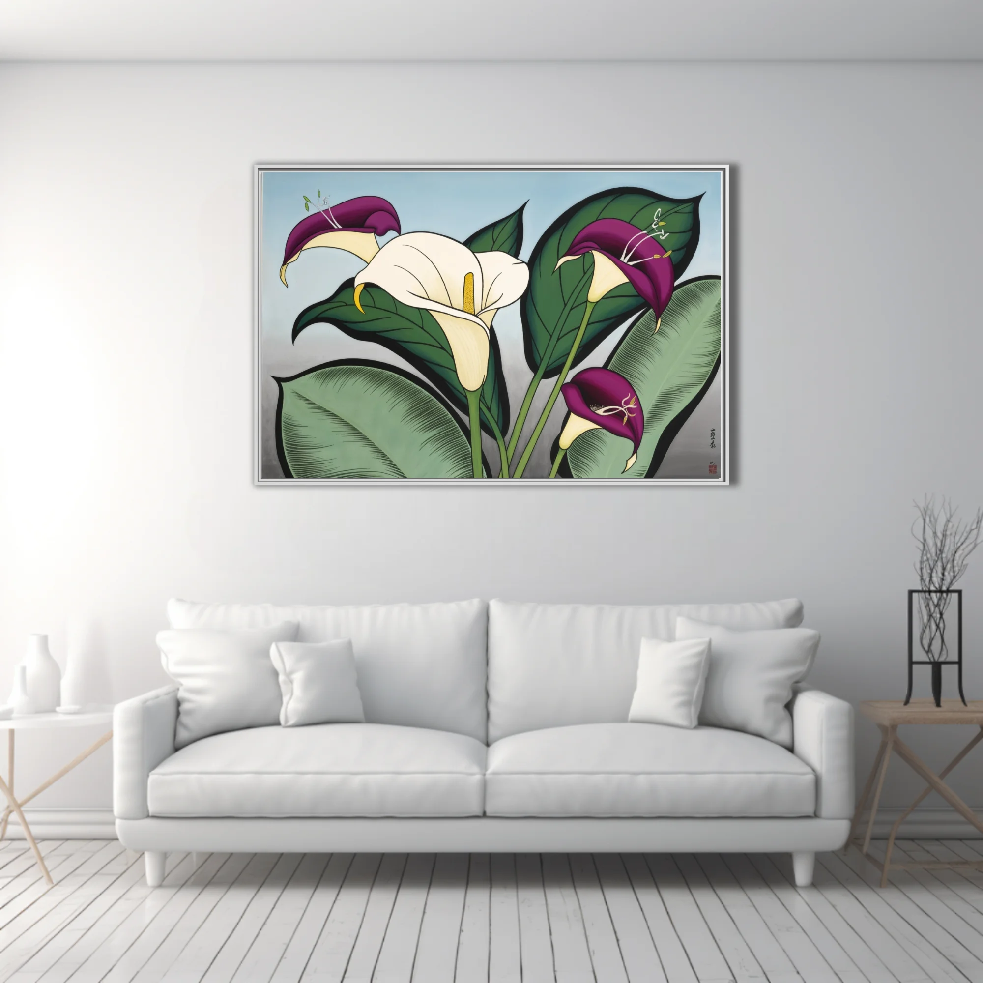 Japanese-style calla lily botanical illustration in purple and ivory with bold green foliage