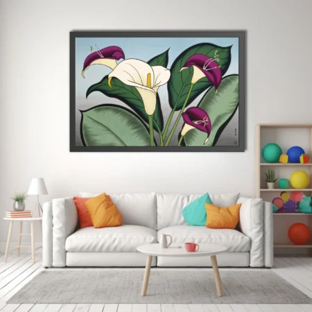 Japanese-style calla lily botanical illustration in purple and ivory with bold green foliage