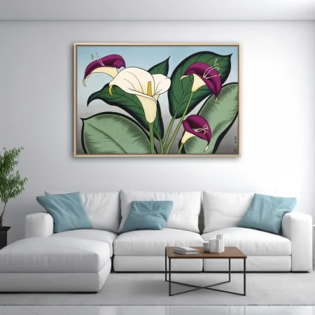 Japanese-style calla lily botanical illustration in purple and ivory with bold green foliage