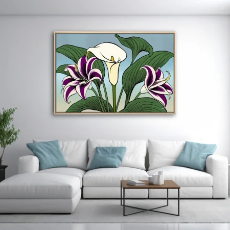 Graphic botanical illustration of calla lily and trumpet blooms, violet and cream palette