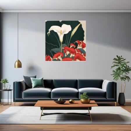 Japanese woodblock-style floral art, white calla lily and red ruffled blooms on dark foliage