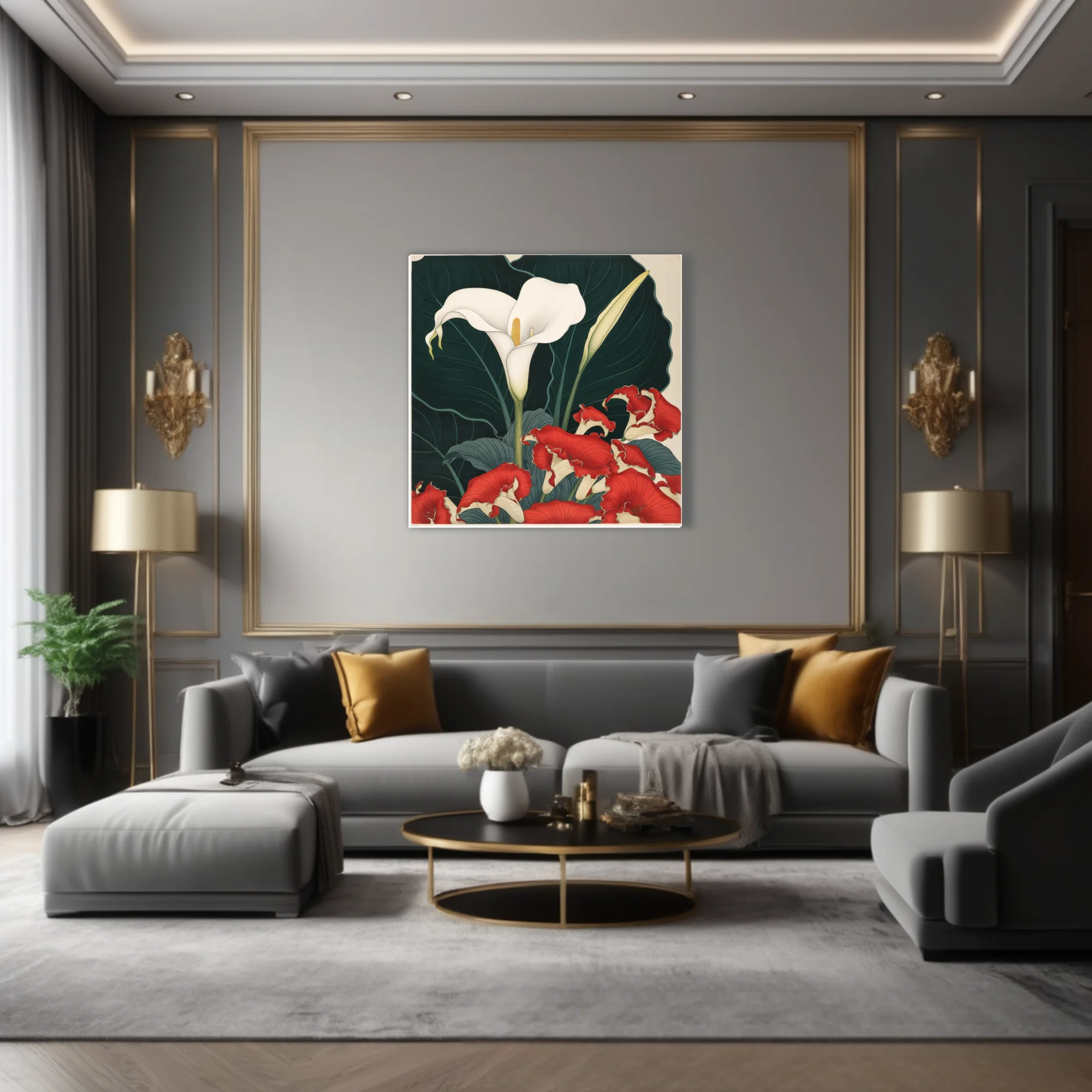 Japanese woodblock-style floral art, white calla lily and red ruffled blooms on dark foliage