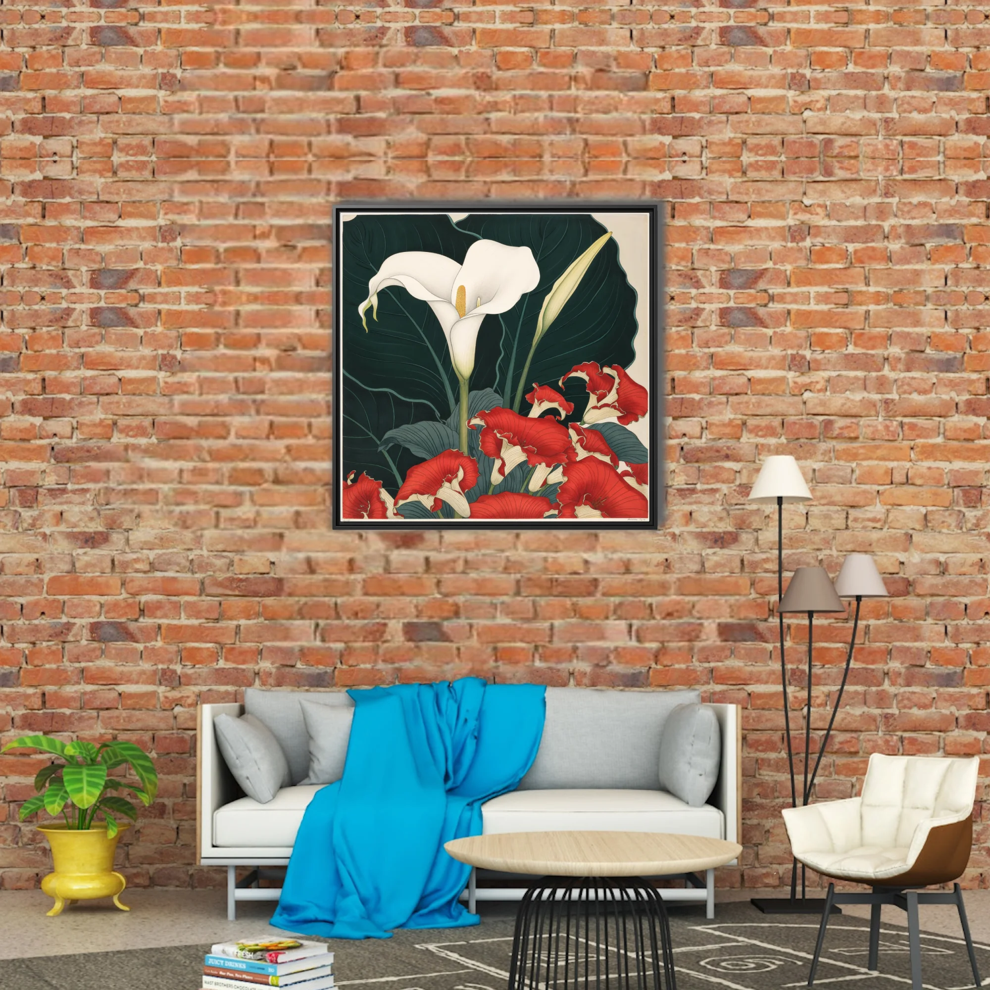 Japanese woodblock-style floral art, white calla lily and red ruffled blooms on dark foliage