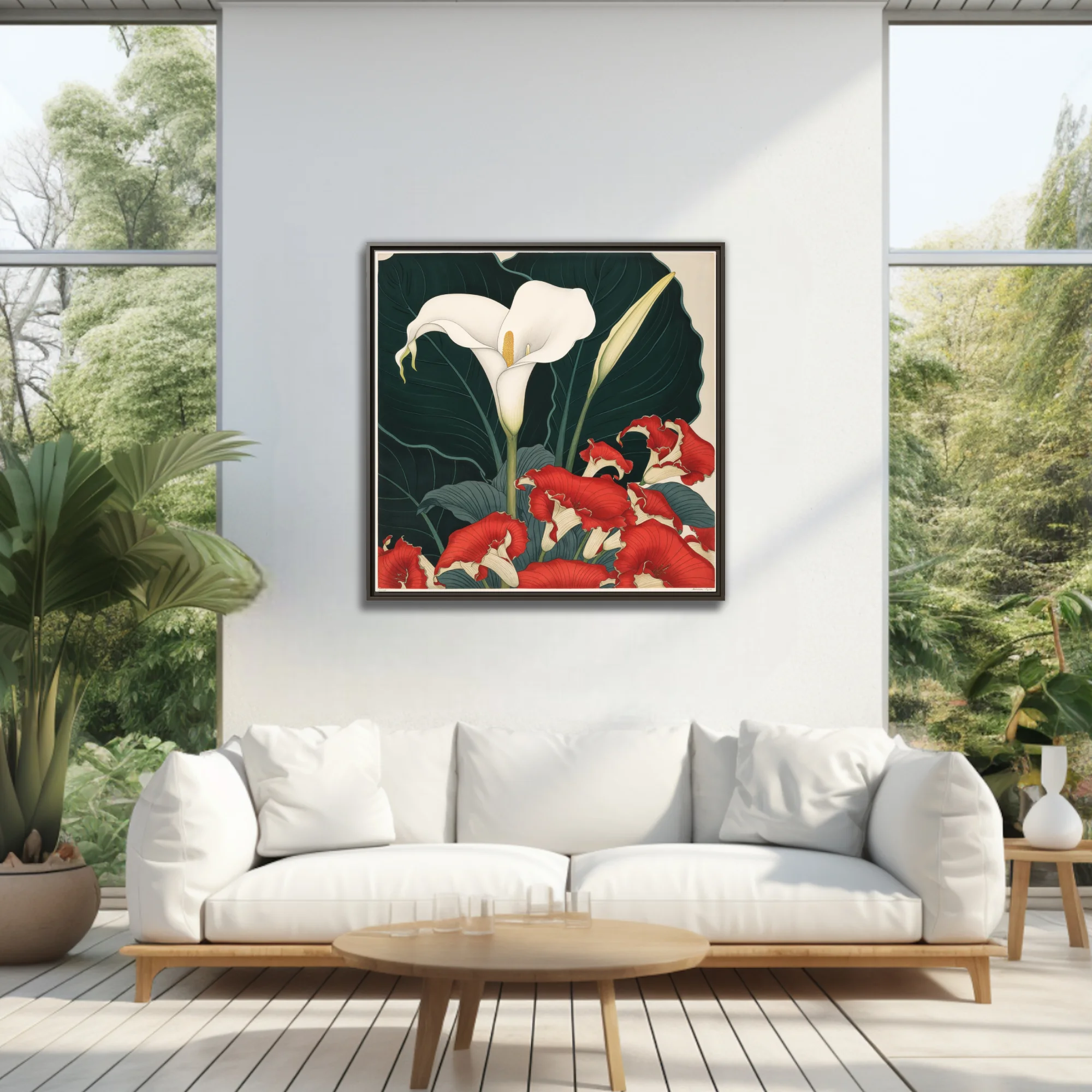 Japanese woodblock-style floral art, white calla lily and red ruffled blooms on dark foliage