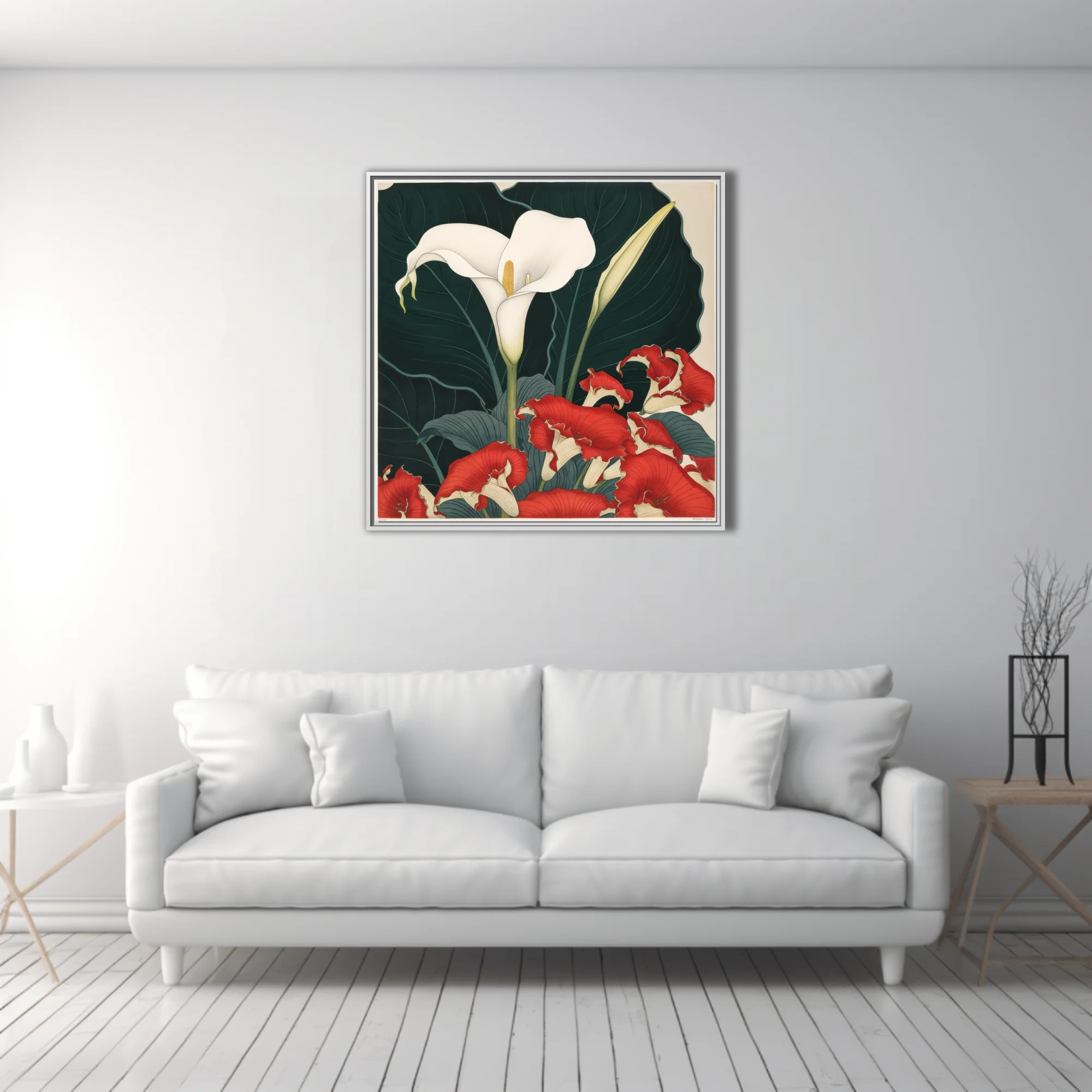 Japanese woodblock-style floral art, white calla lily and red ruffled blooms on dark foliage