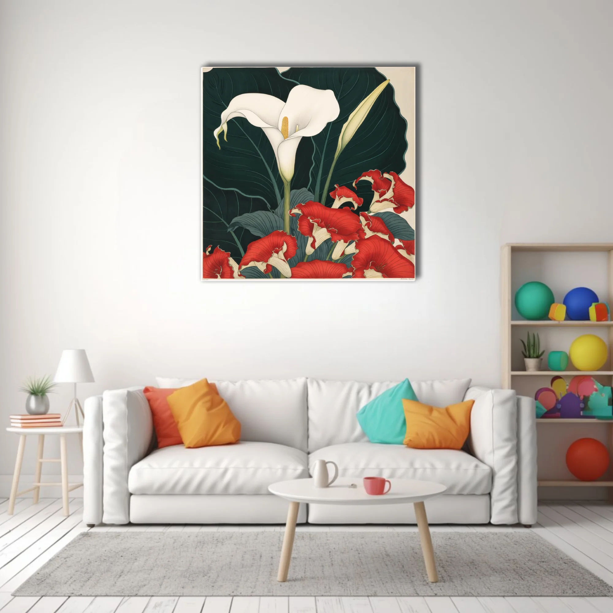 Japanese woodblock-style floral art, white calla lily and red ruffled blooms on dark foliage