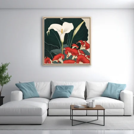 Japanese woodblock-style floral art, white calla lily and red ruffled blooms on dark foliage