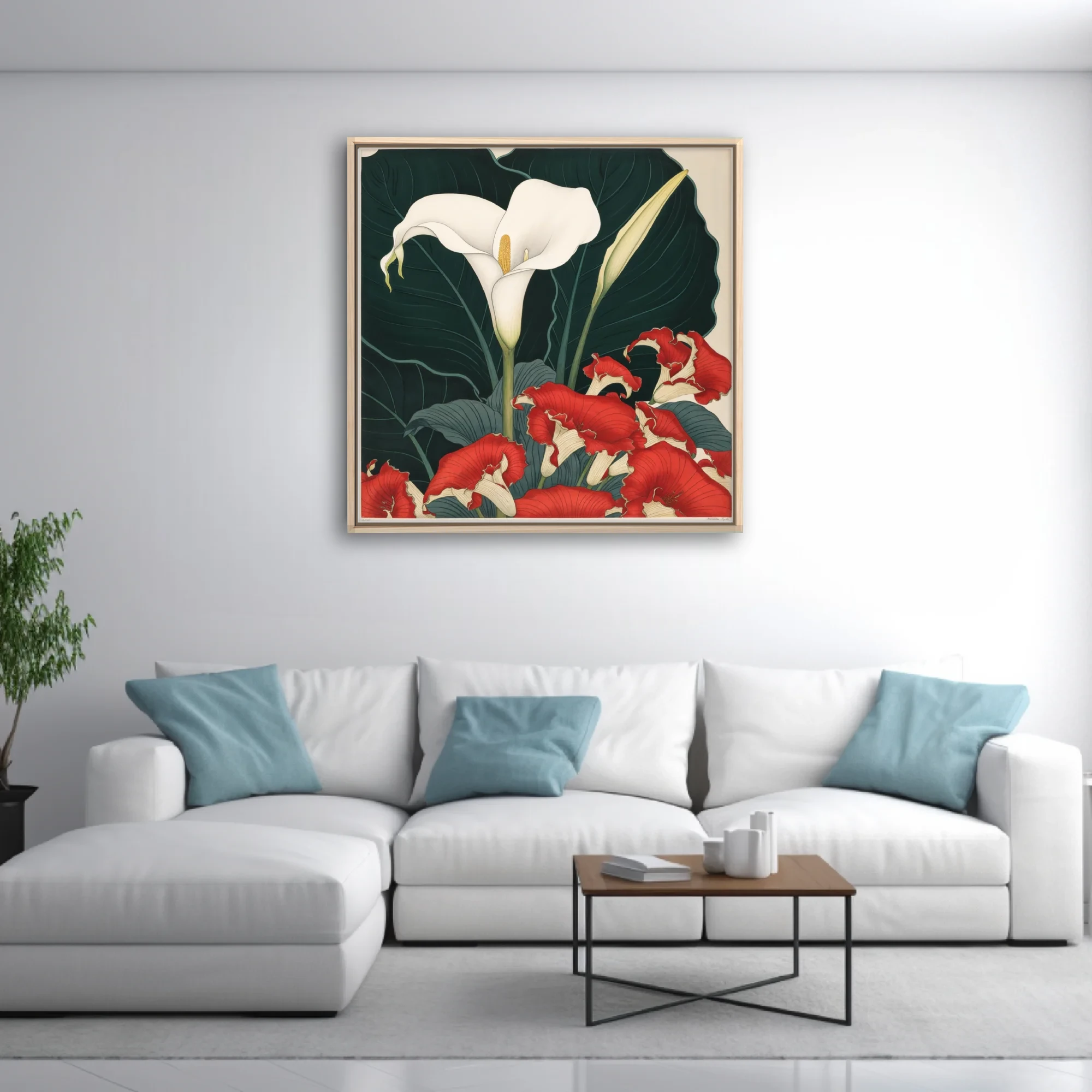 Japanese woodblock-style floral art, white calla lily and red ruffled blooms on dark foliage