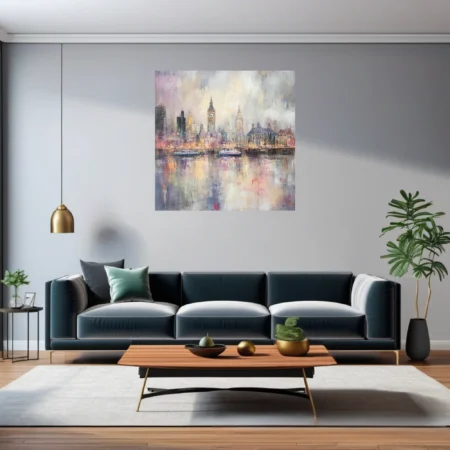 Painterly London skyline with Thames reflections in soft pastel pinks, lavender and cream tones.
