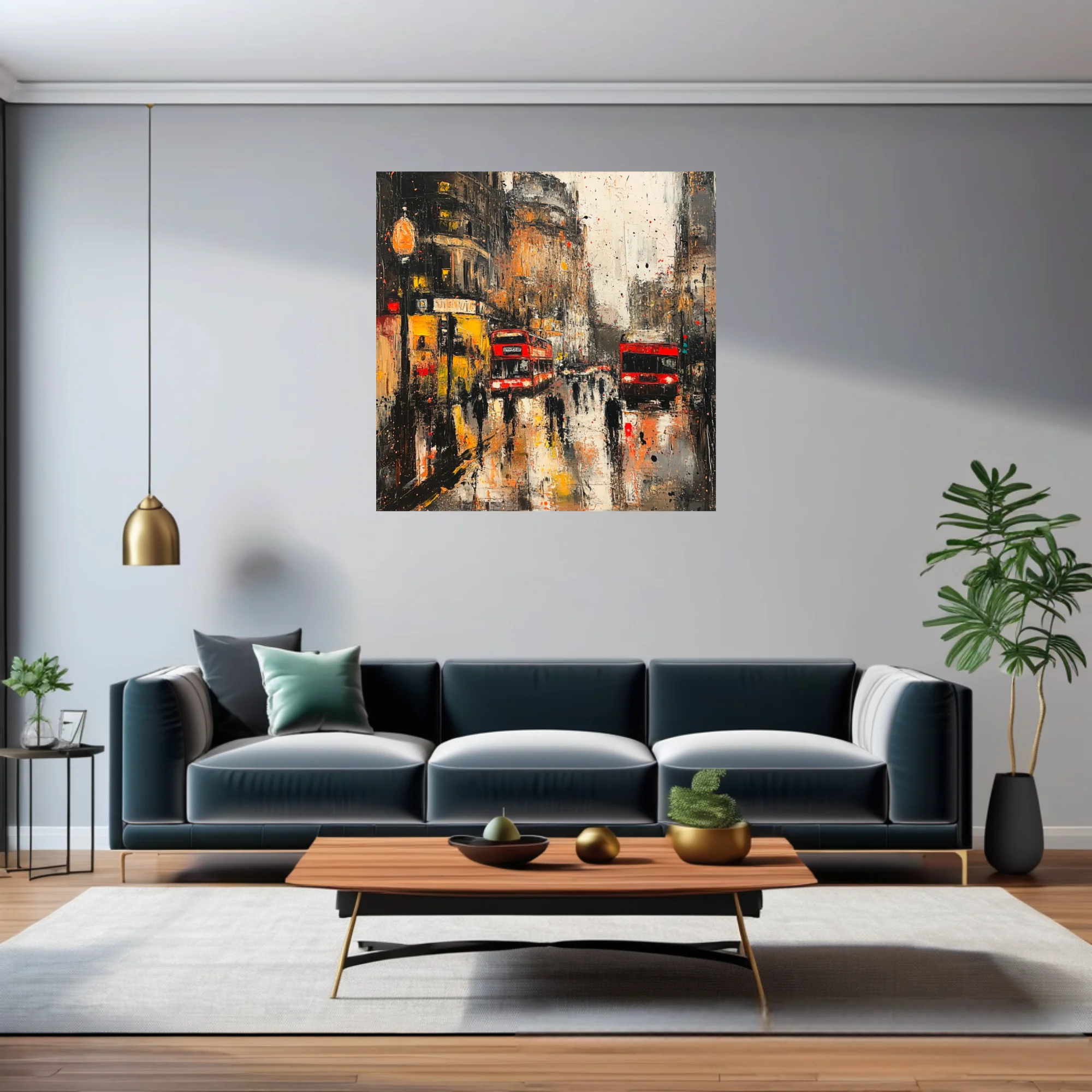 Textured London street scene with red buses and rain reflections in amber, black and crimson tones