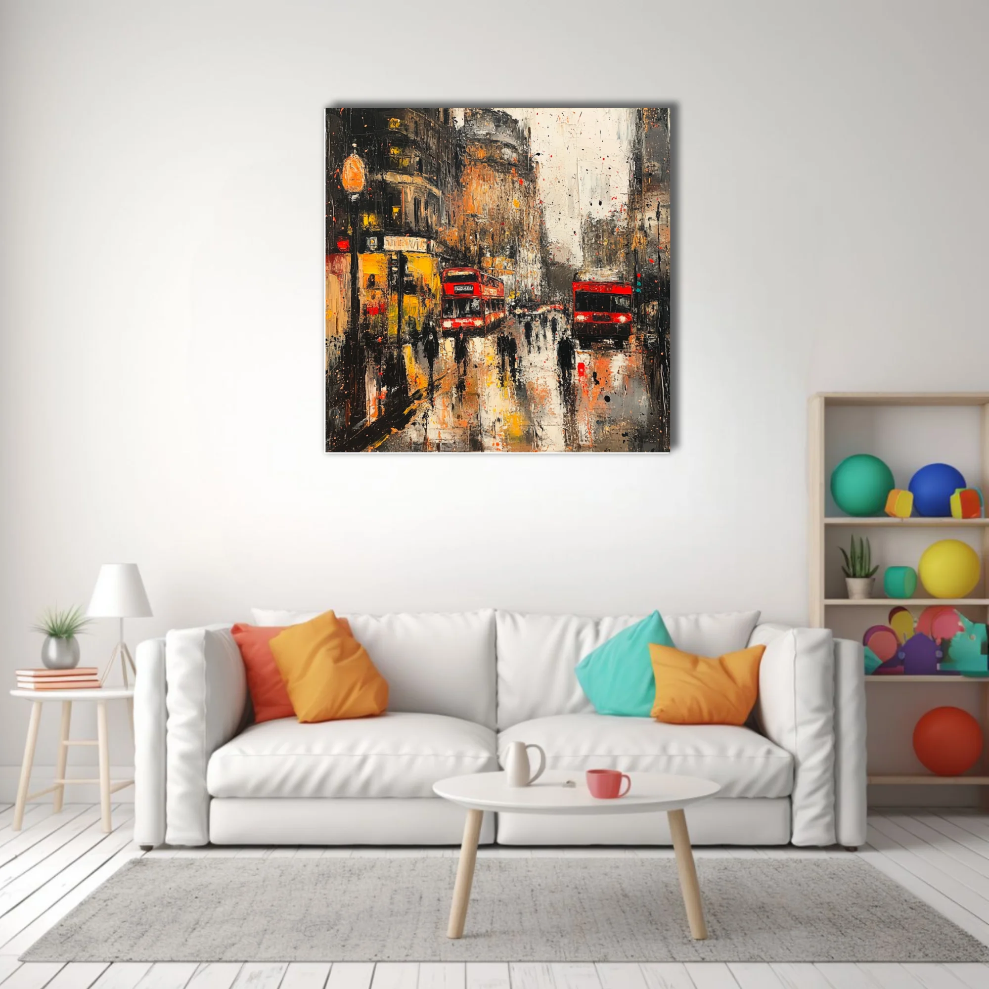 Textured London street scene with red buses and rain reflections in amber, black and crimson tones