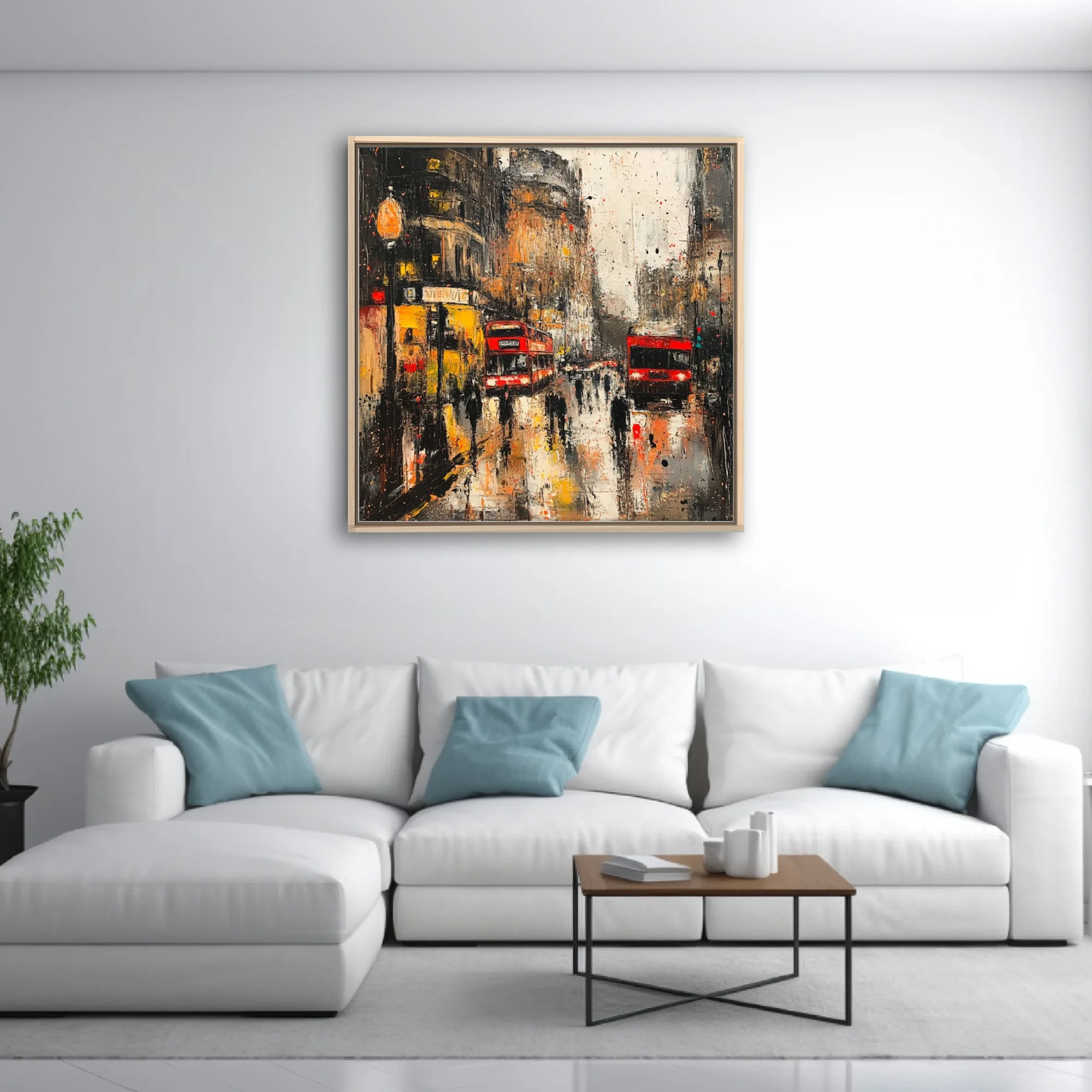 Textured London street scene with red buses and rain reflections in amber, black and crimson tones