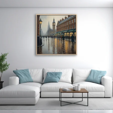 Rainy London street scene with clock tower, gas lamps, and coated figures in moody cityscape