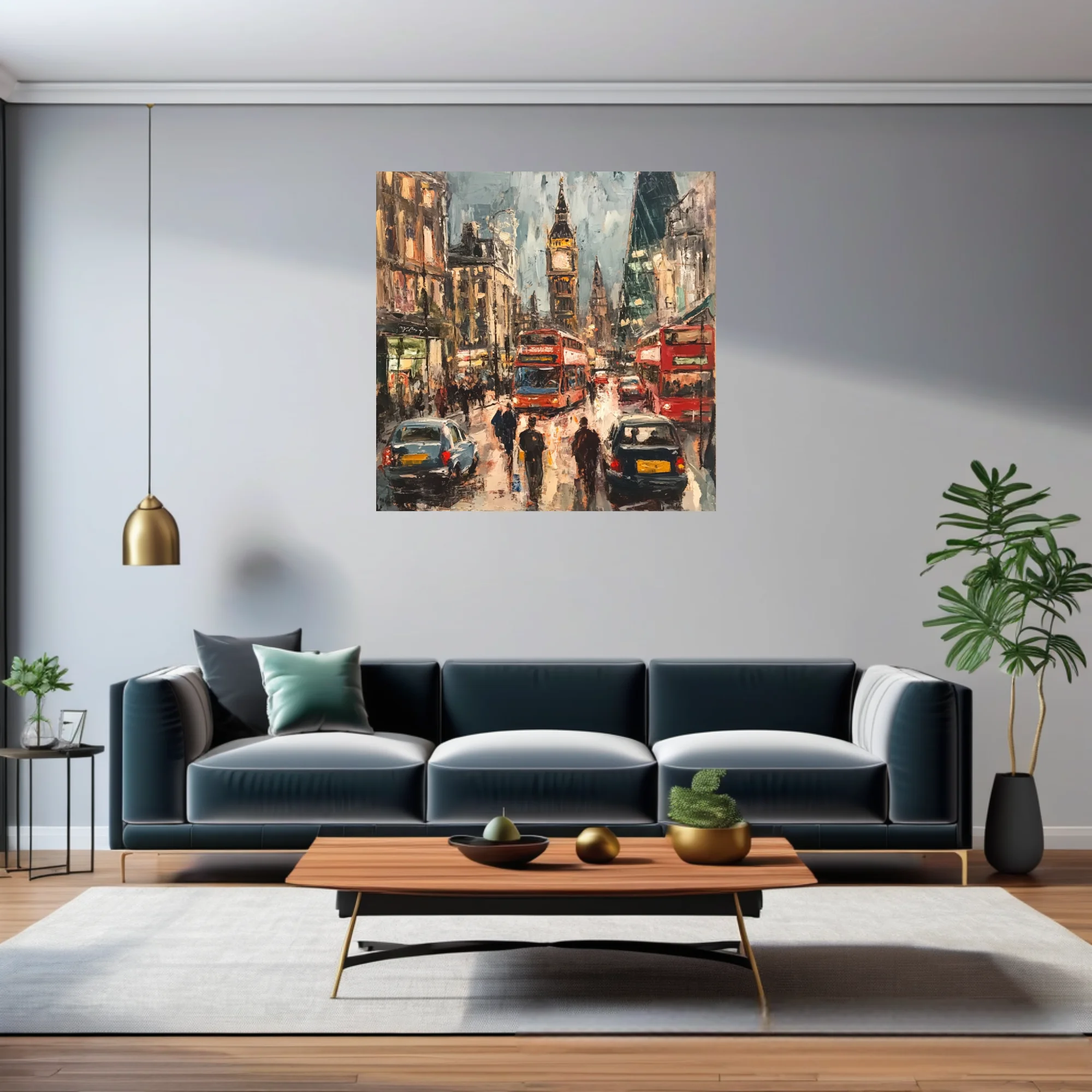 Painterly London street scene with red buses, black cabs, and clock tower in moody slate and ochre tones