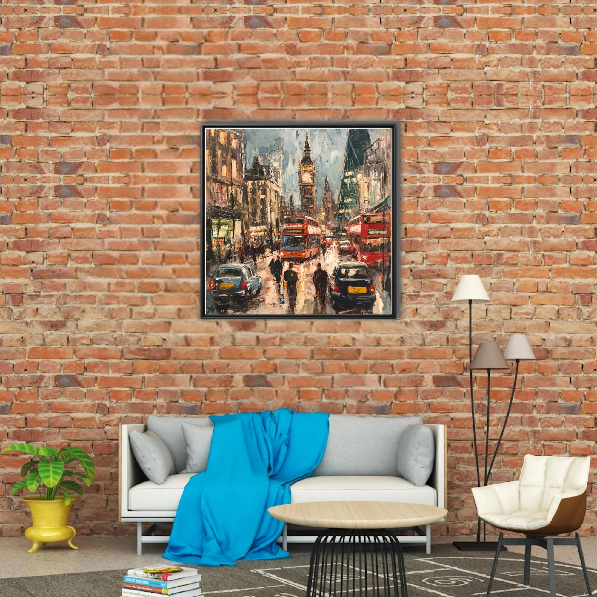 Painterly London street scene with red buses, black cabs, and clock tower in moody slate and ochre tones