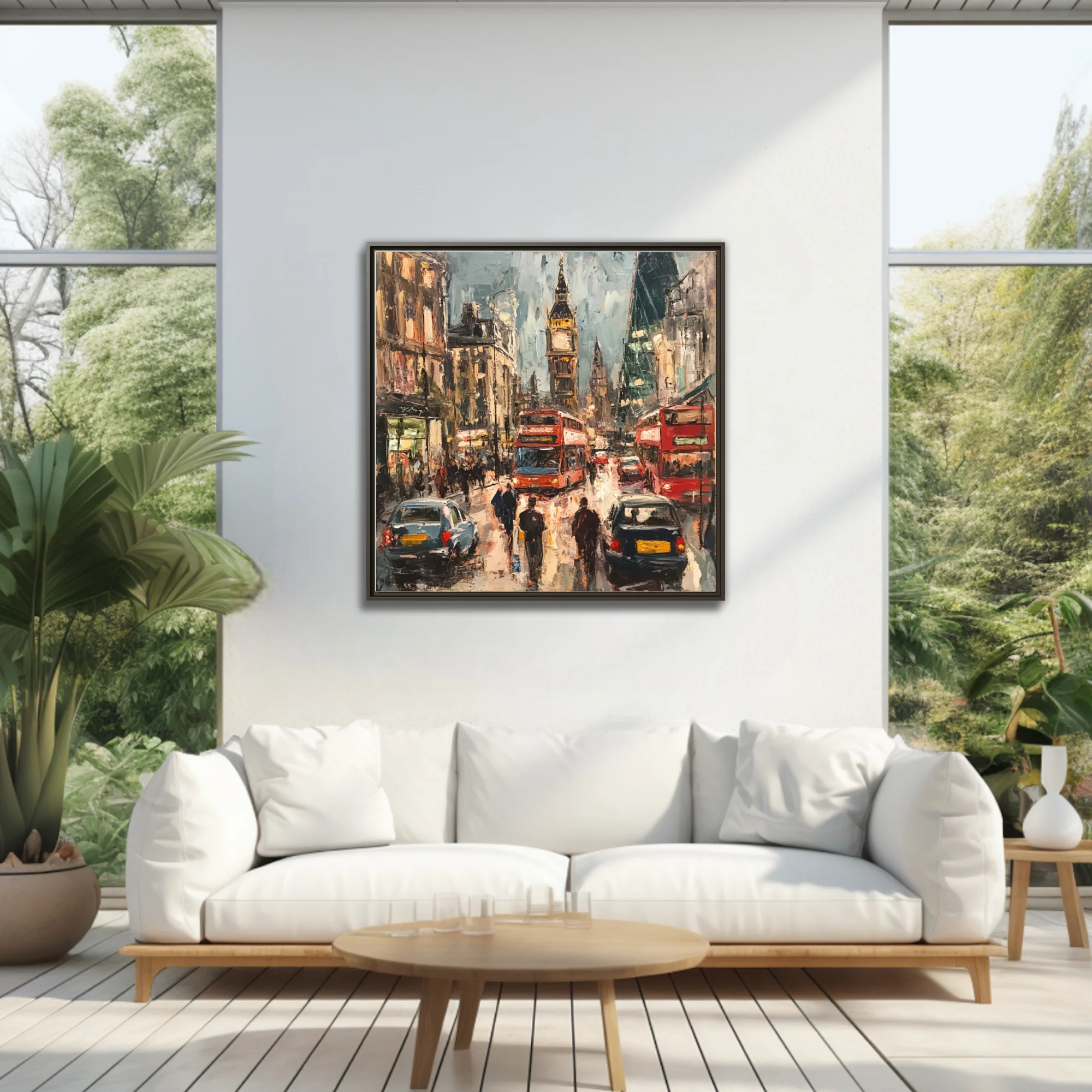 Painterly London street scene with red buses, black cabs, and clock tower in moody slate and ochre tones