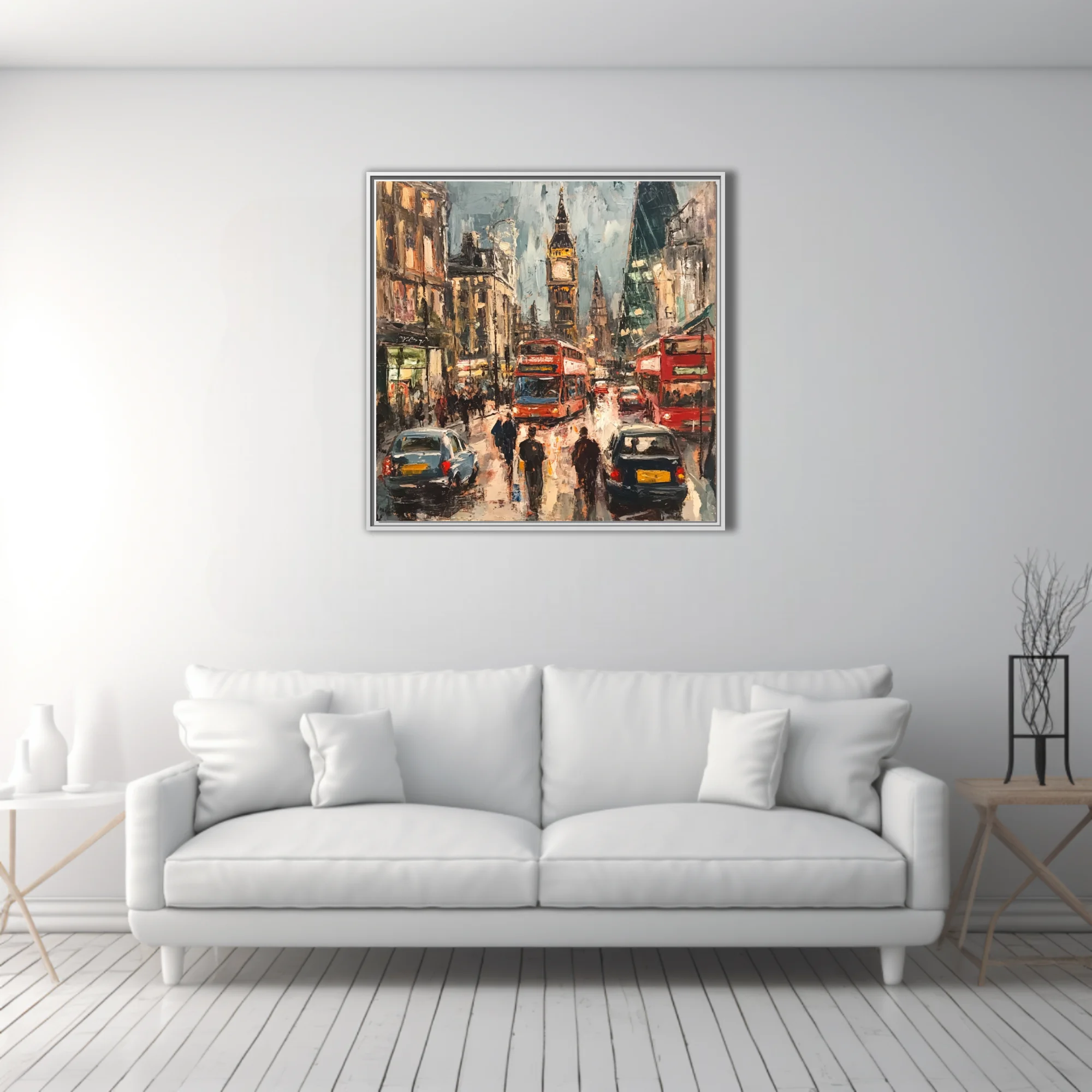 Painterly London street scene with red buses, black cabs, and clock tower in moody slate and ochre tones