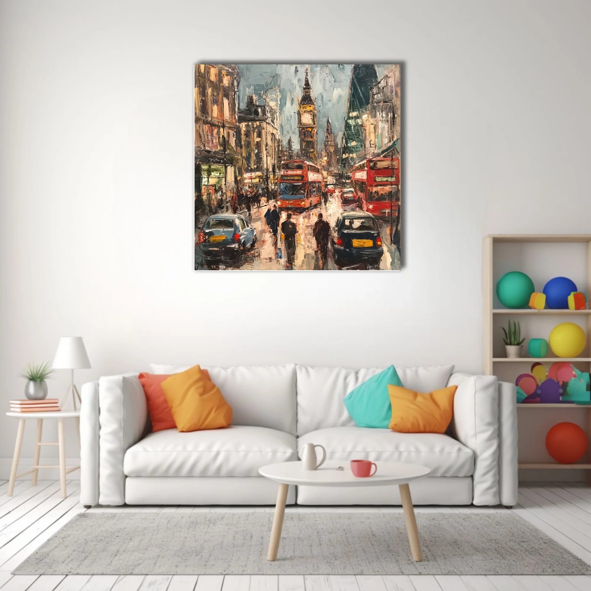 Painterly London street scene with red buses, black cabs, and clock tower in moody slate and ochre tones