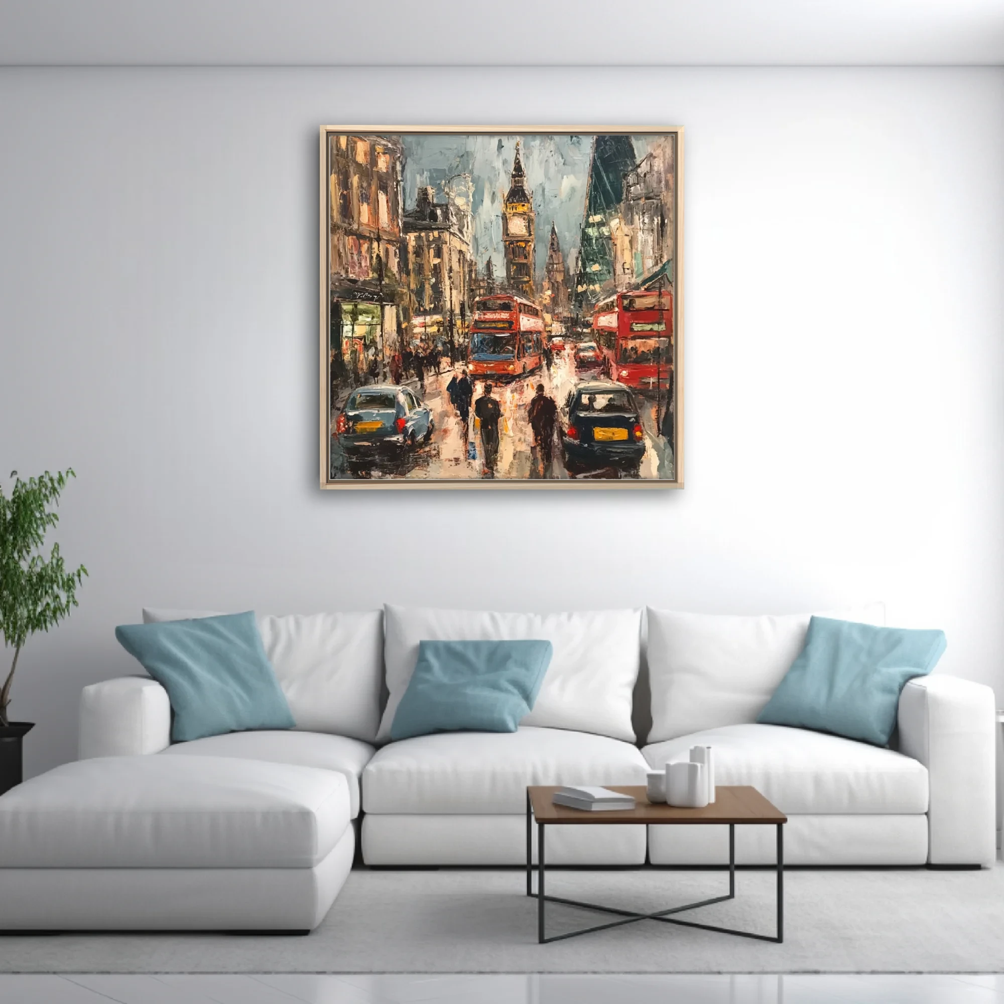 Painterly London street scene with red buses, black cabs, and clock tower in moody slate and ochre tones
