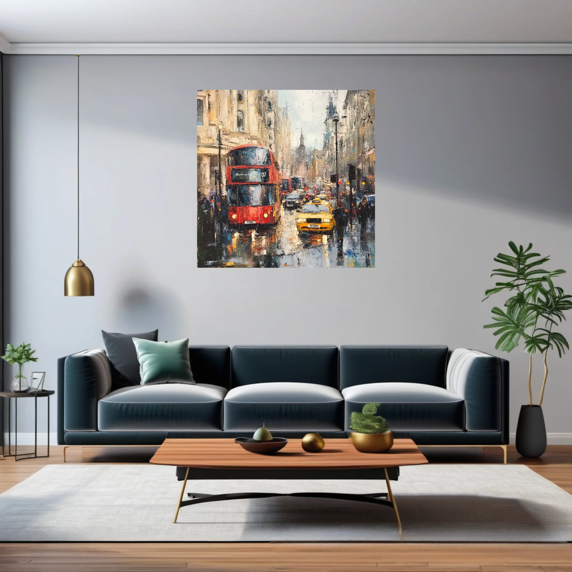 Textured London street scene with red double-decker bus, yellow cab, rain reflections