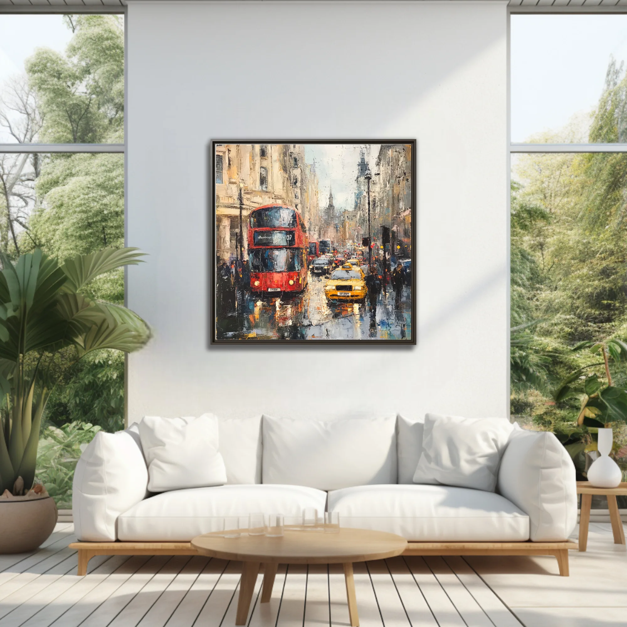 Textured London street scene with red double-decker bus, yellow cab, rain reflections