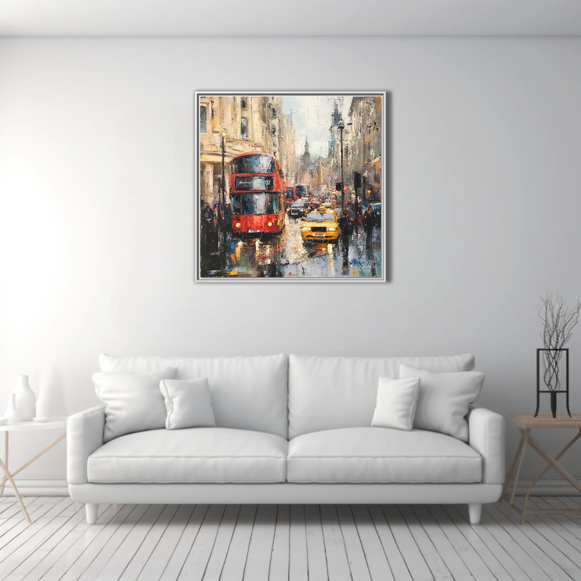 Textured London street scene with red double-decker bus, yellow cab, rain reflections