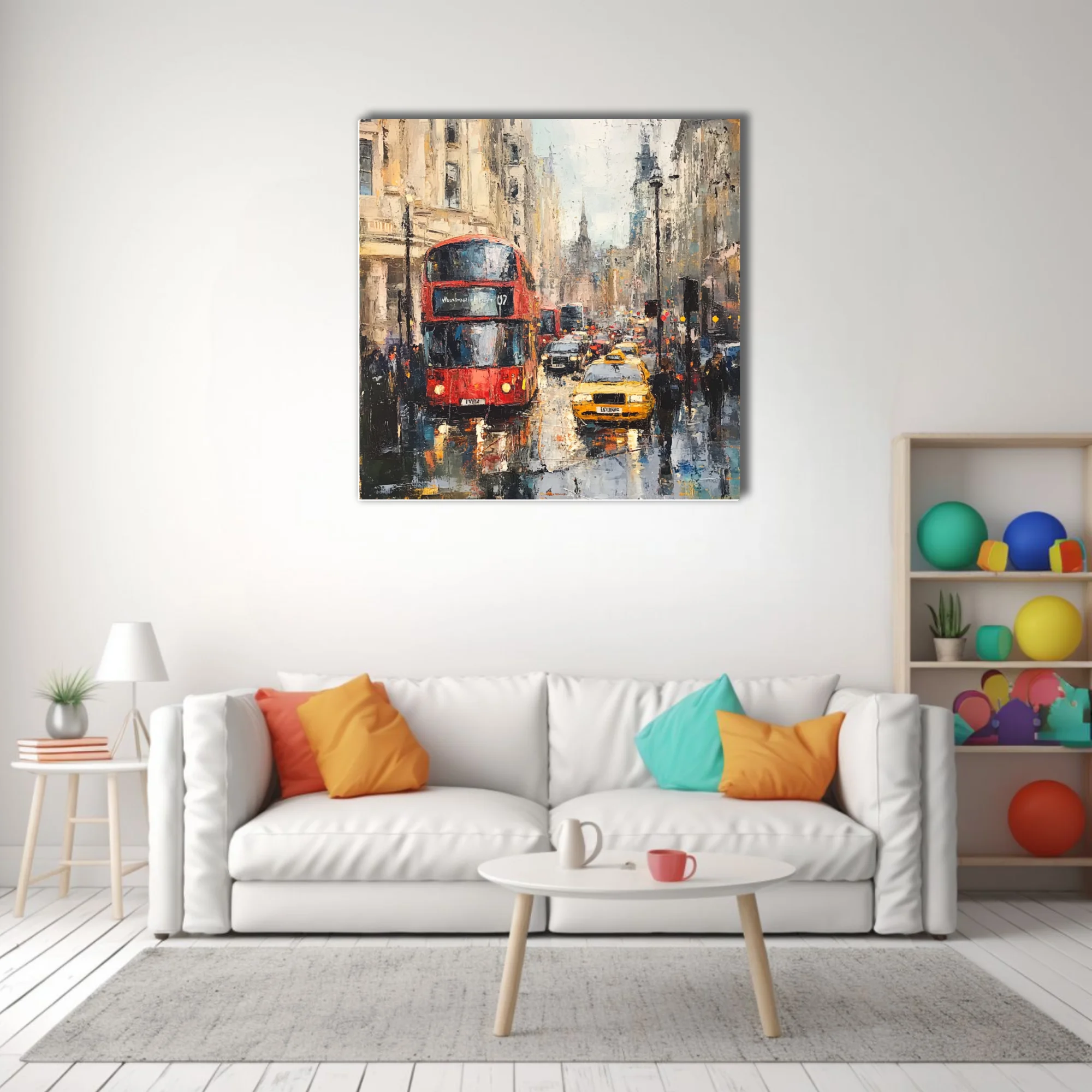 Textured London street scene with red double-decker bus, yellow cab, rain reflections