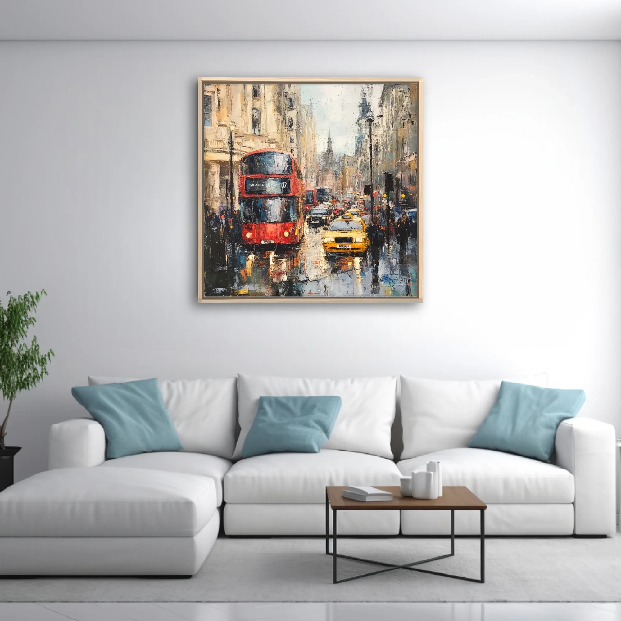 Textured London street scene with red double-decker bus, yellow cab, rain reflections