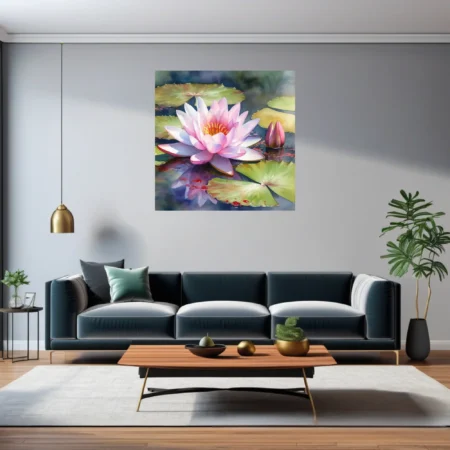 Watercolor-style pink water lily in bloom on a tranquil pond with lily pads