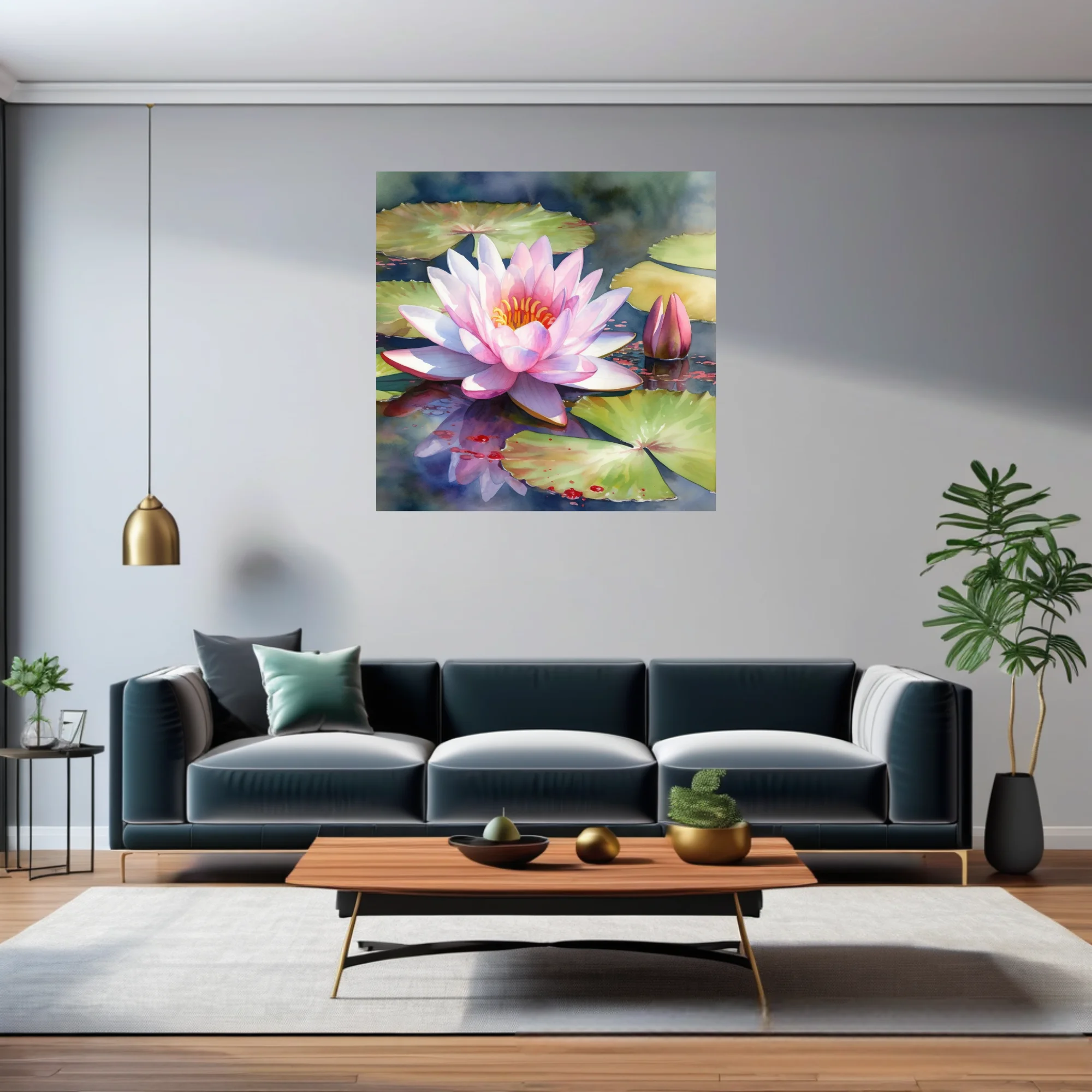 Watercolor-style pink water lily in bloom on a tranquil pond with lily pads