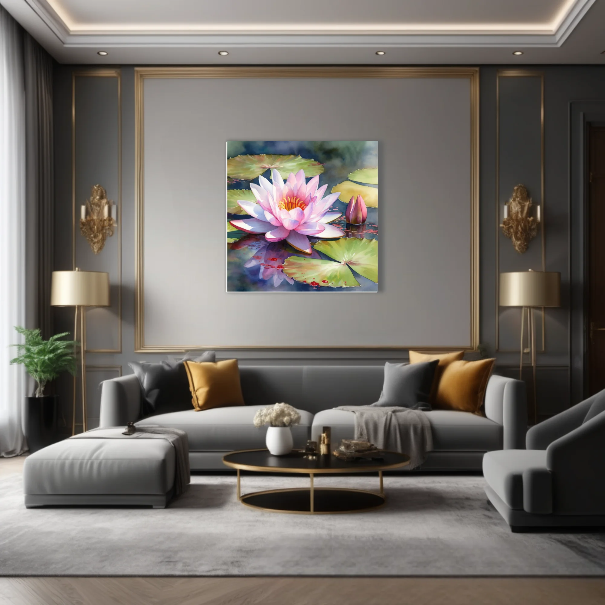 Watercolor-style pink water lily in bloom on a tranquil pond with lily pads