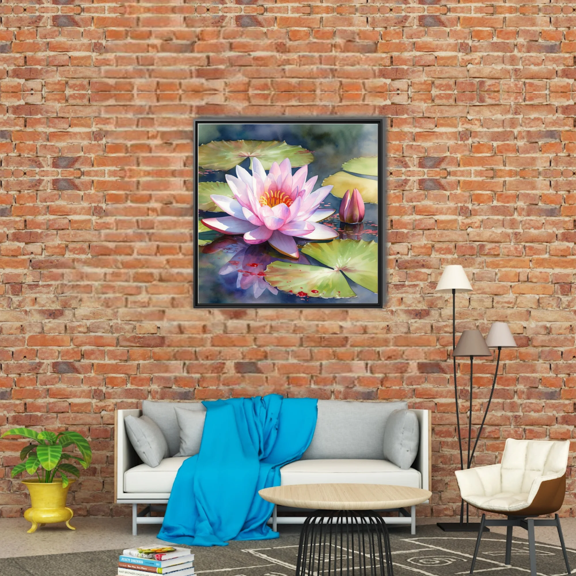 Watercolor-style pink water lily in bloom on a tranquil pond with lily pads