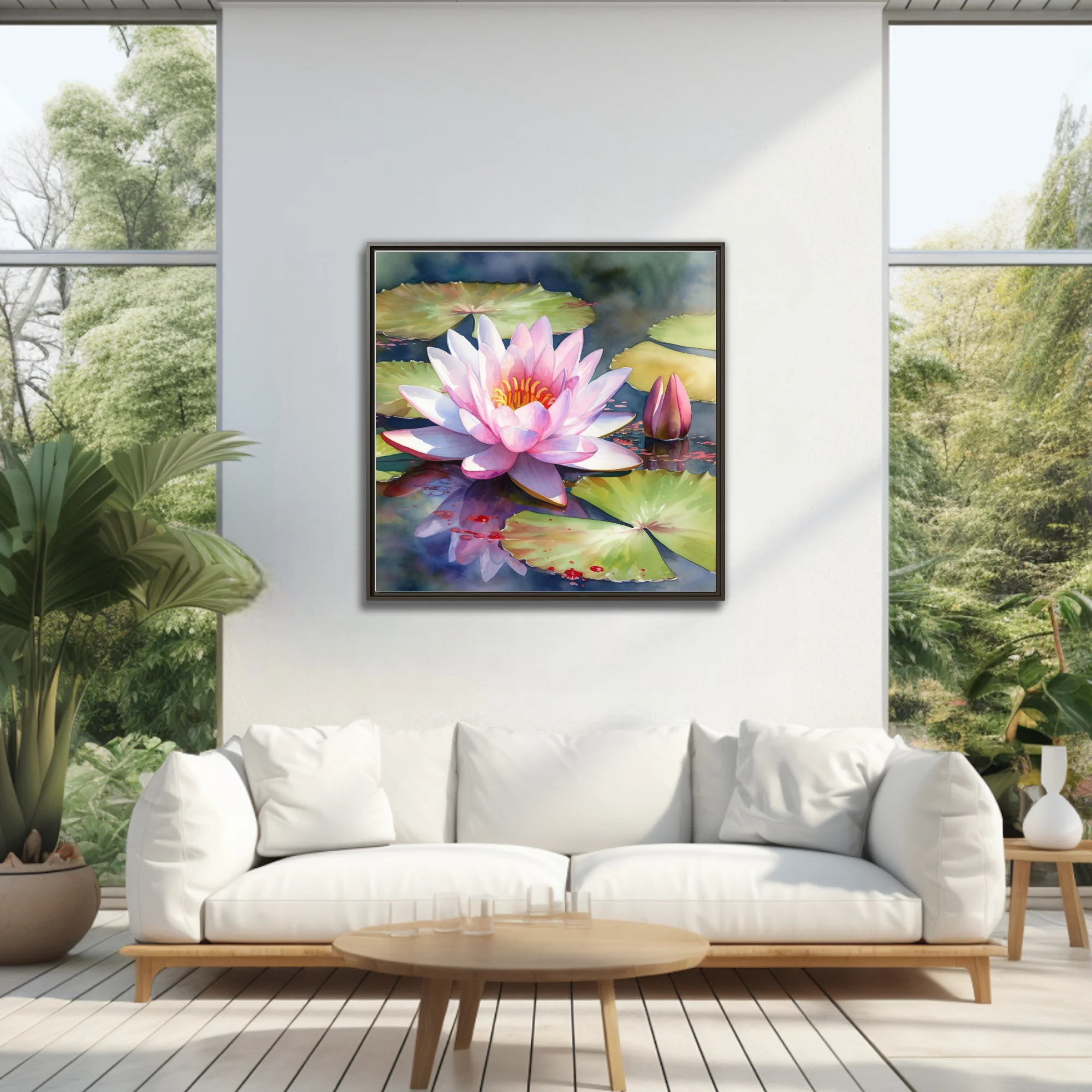 Watercolor-style pink water lily in bloom on a tranquil pond with lily pads