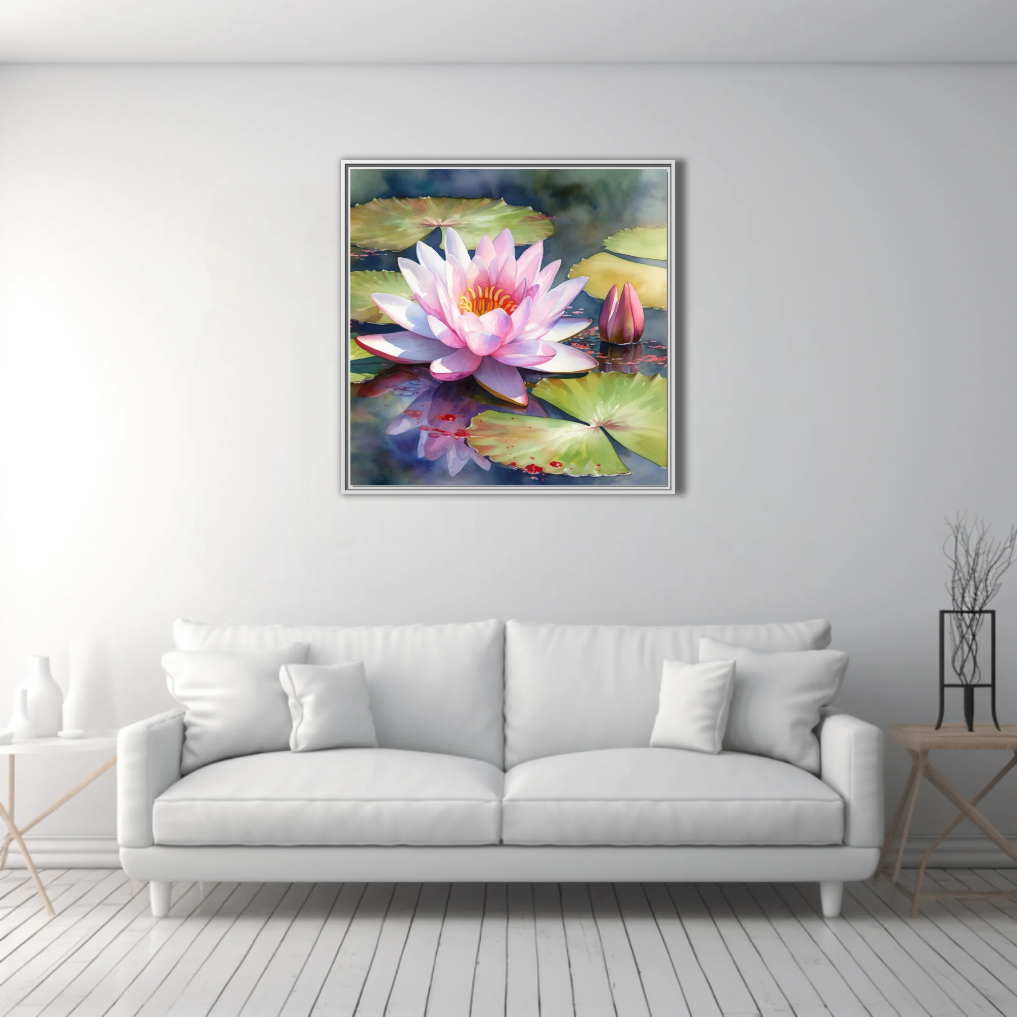 Watercolor-style pink water lily in bloom on a tranquil pond with lily pads