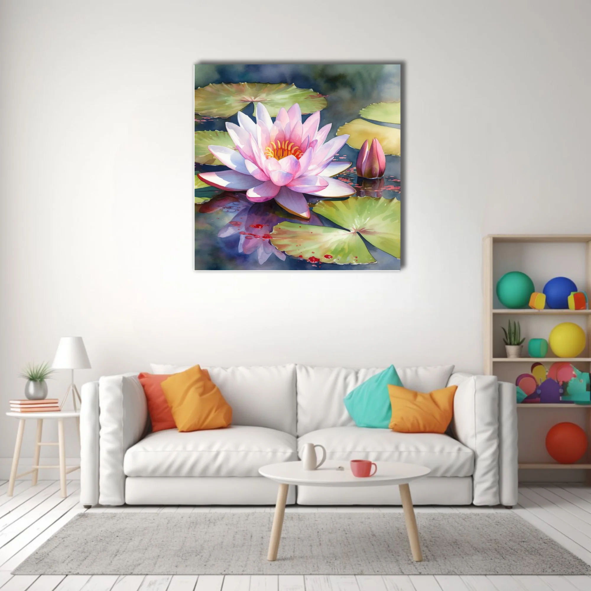 Watercolor-style pink water lily in bloom on a tranquil pond with lily pads