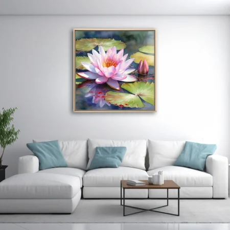 Watercolor-style pink water lily in bloom on a tranquil pond with lily pads
