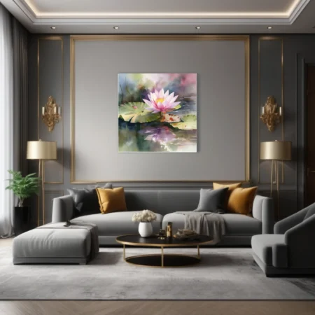 Pink lotus on lily pads in misty pond, soft watercolor-style botanical in blush, violet and green