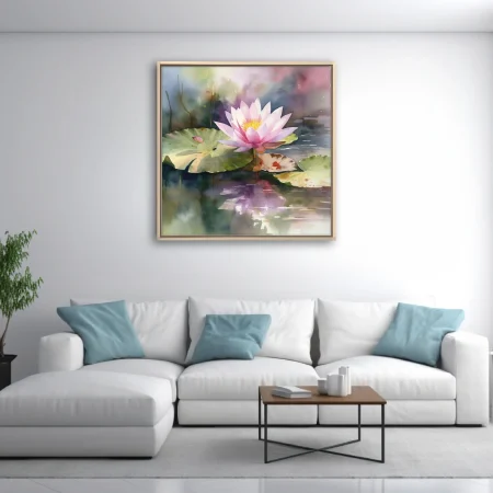 Pink lotus on lily pads in misty pond, soft watercolor-style botanical in blush, violet and green