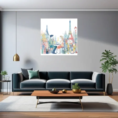Watercolor-style romantic Paris café scene with Eiffel Tower and pastel washes