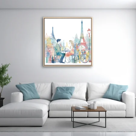 Watercolor-style romantic Paris café scene with Eiffel Tower and pastel washes