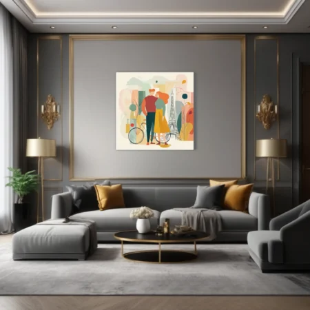Flat illustration romantic couple Paris Eiffel Tower warm pastel tones