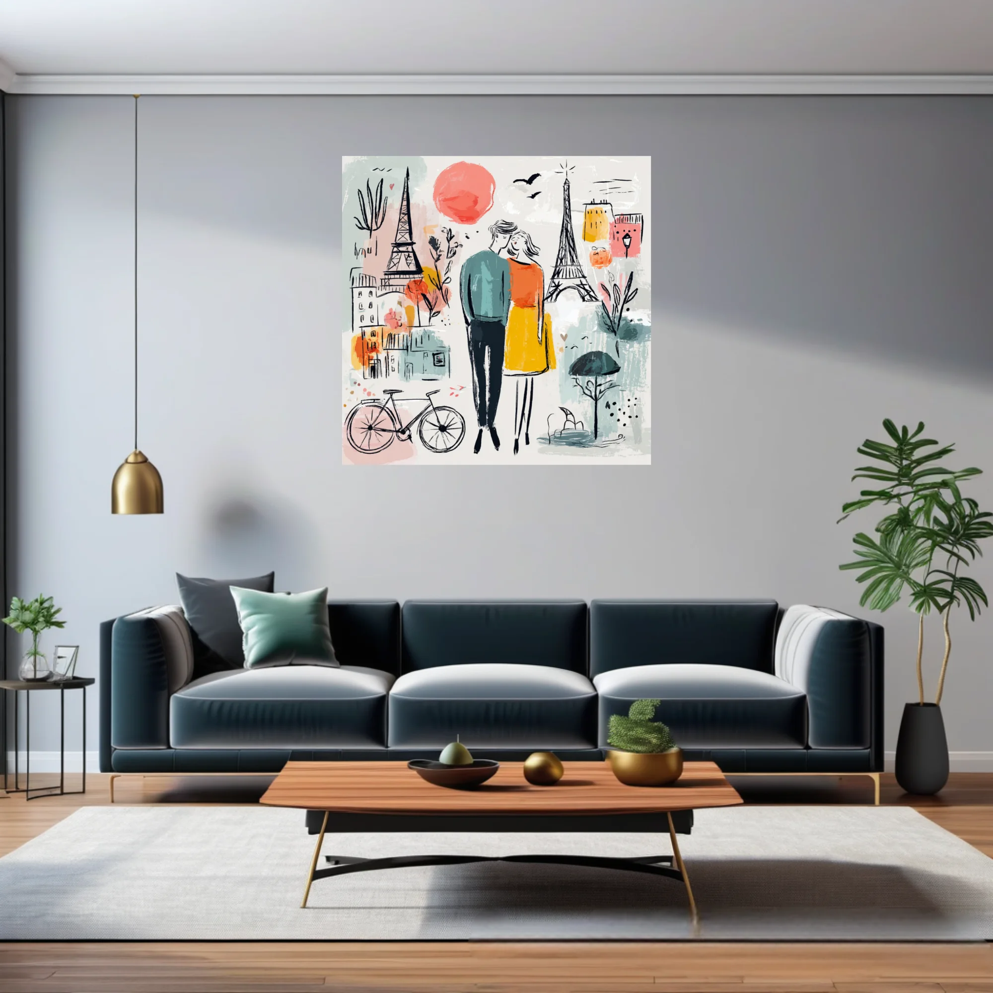 Whimsical Paris romance illustration, couple embracing, Eiffel Tower, teal mustard coral palette