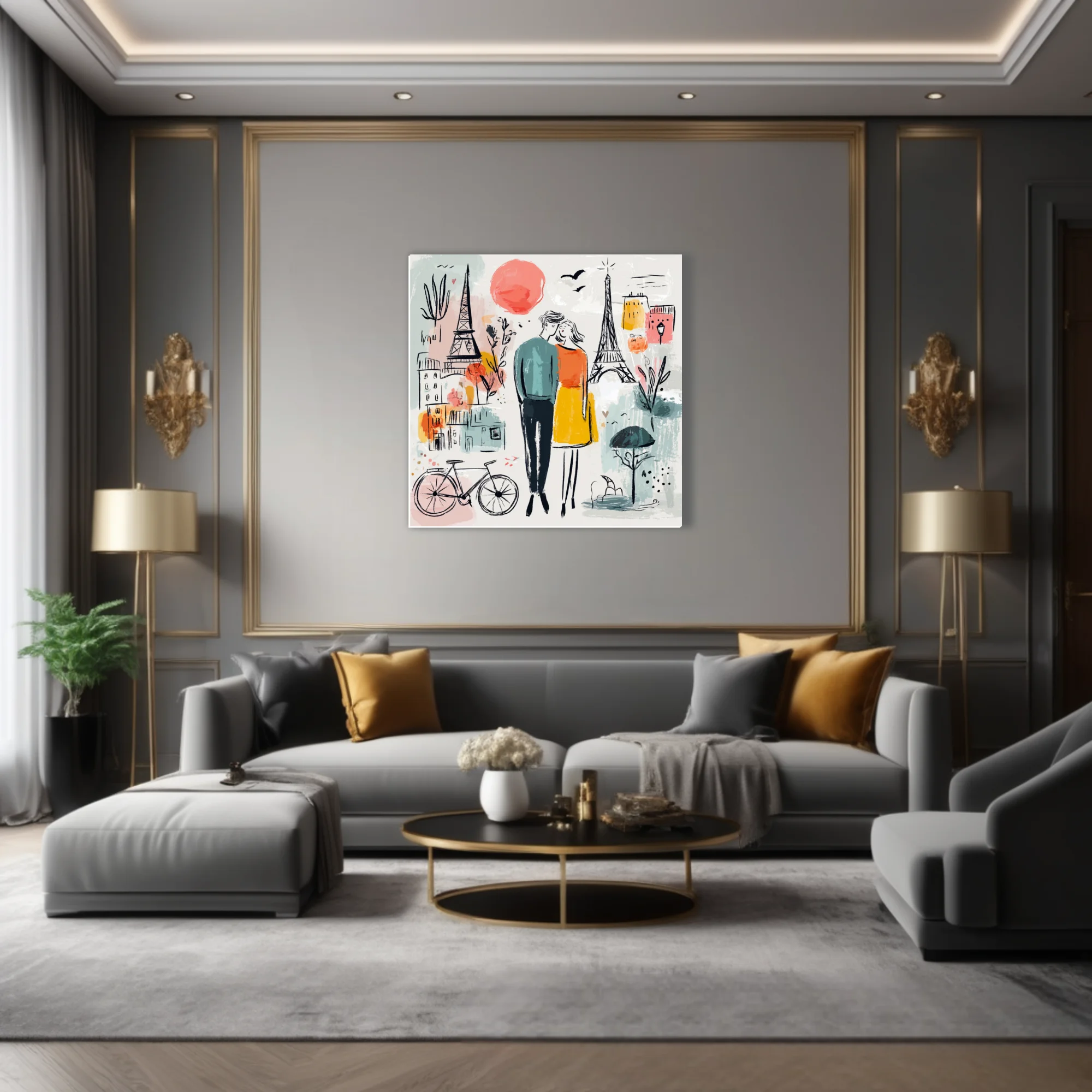 Whimsical Paris romance illustration, couple embracing, Eiffel Tower, teal mustard coral palette