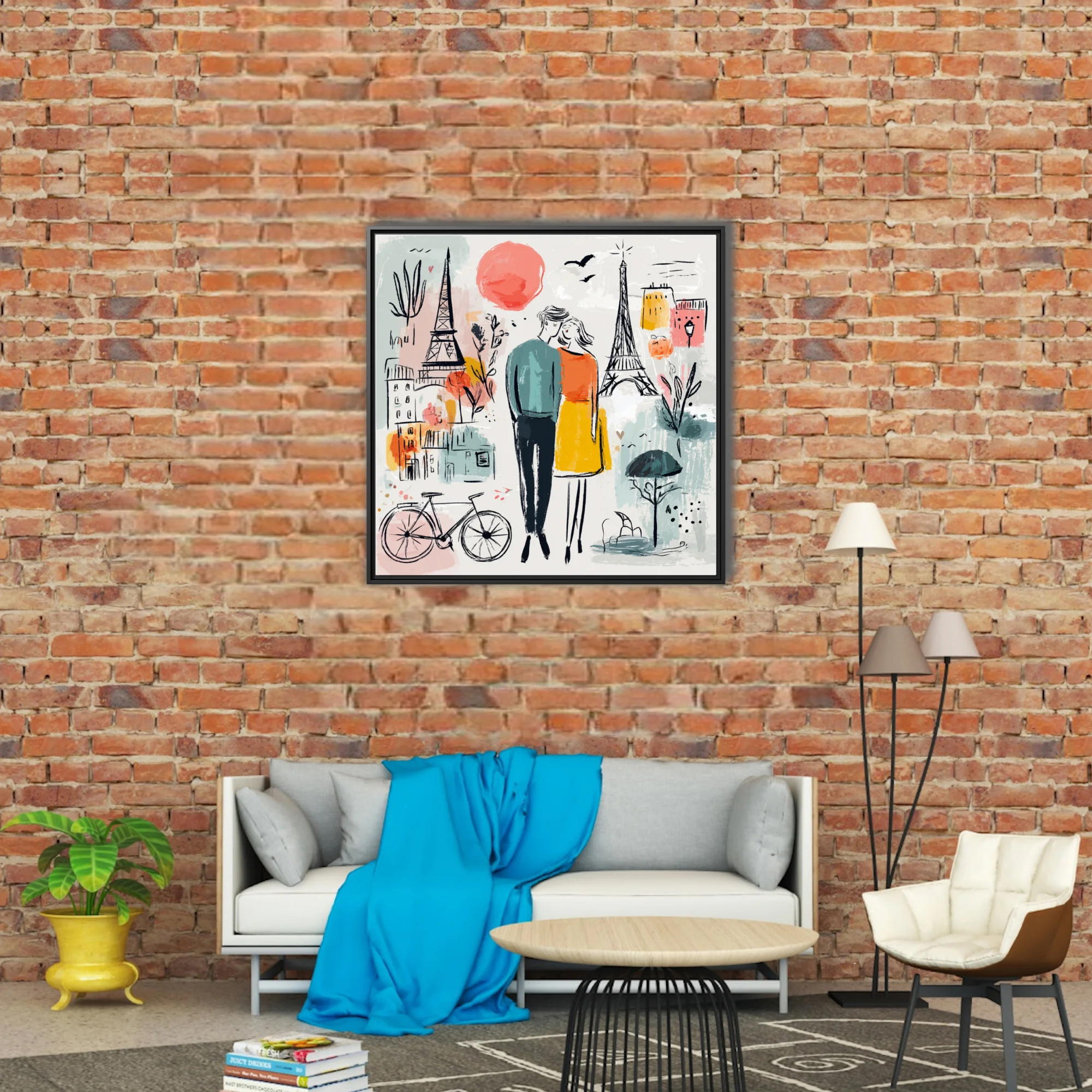Whimsical Paris romance illustration, couple embracing, Eiffel Tower, teal mustard coral palette