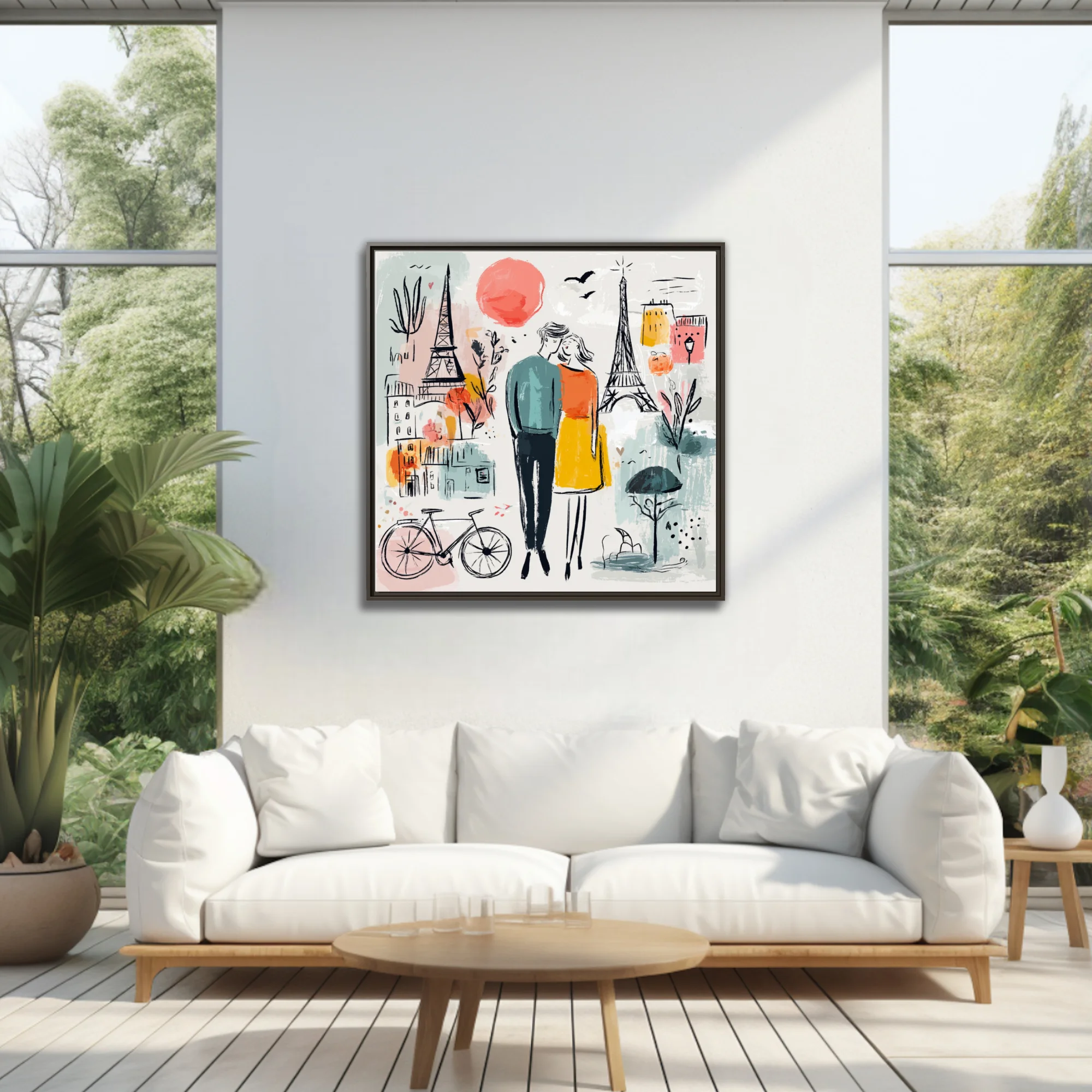 Whimsical Paris romance illustration, couple embracing, Eiffel Tower, teal mustard coral palette