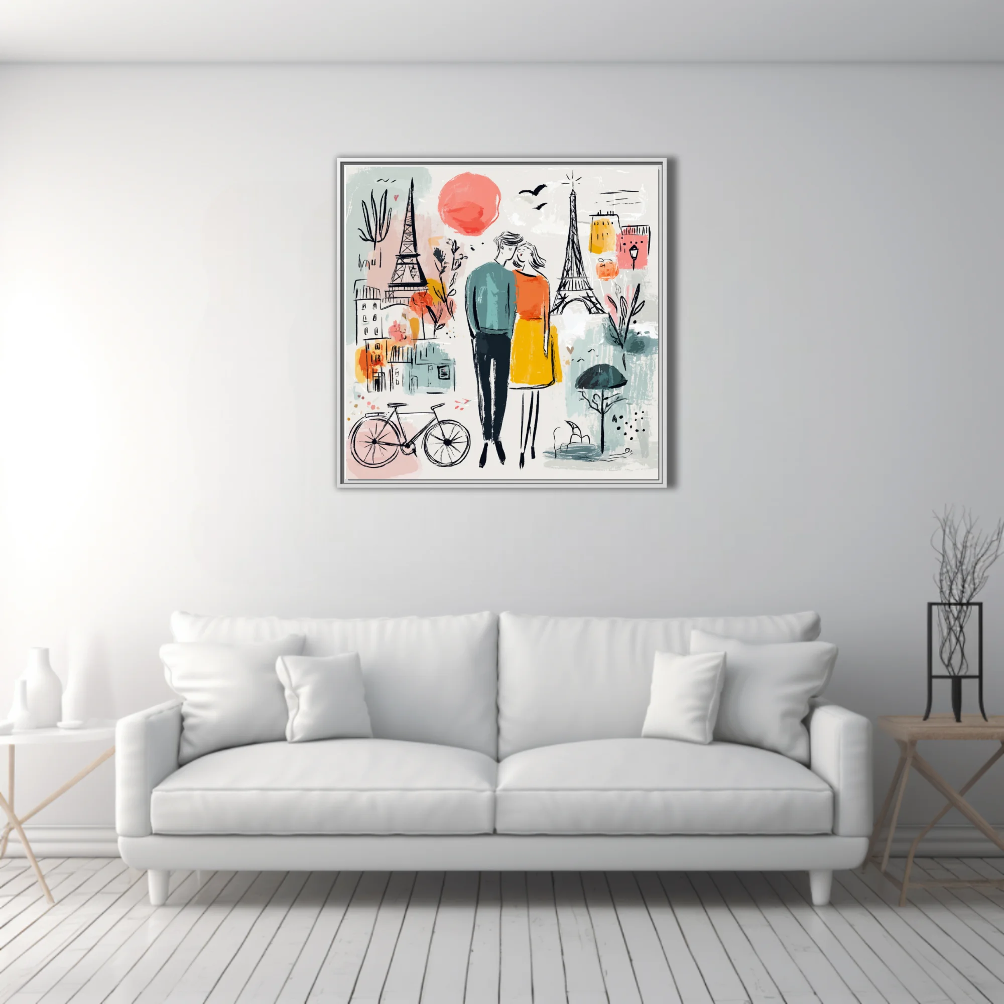 Whimsical Paris romance illustration, couple embracing, Eiffel Tower, teal mustard coral palette